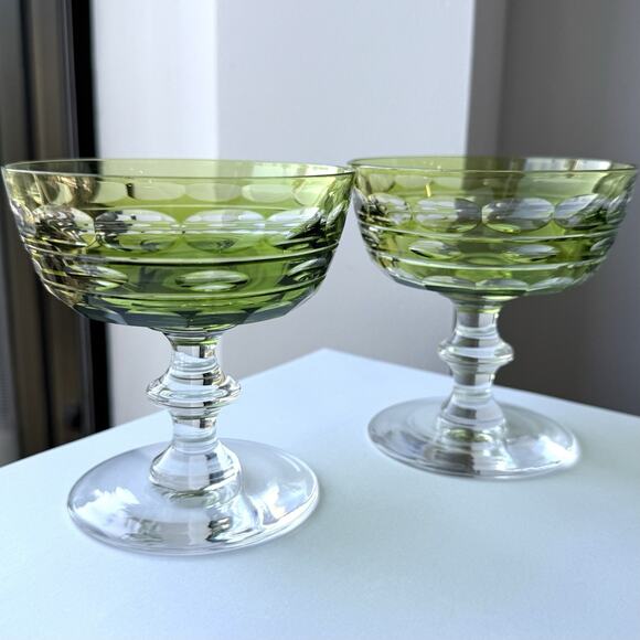 Val St Lambert Blarney Green Sherbet/Champagne Glass Set of 2 Cut to Clear 4" - Picture 1 of 10